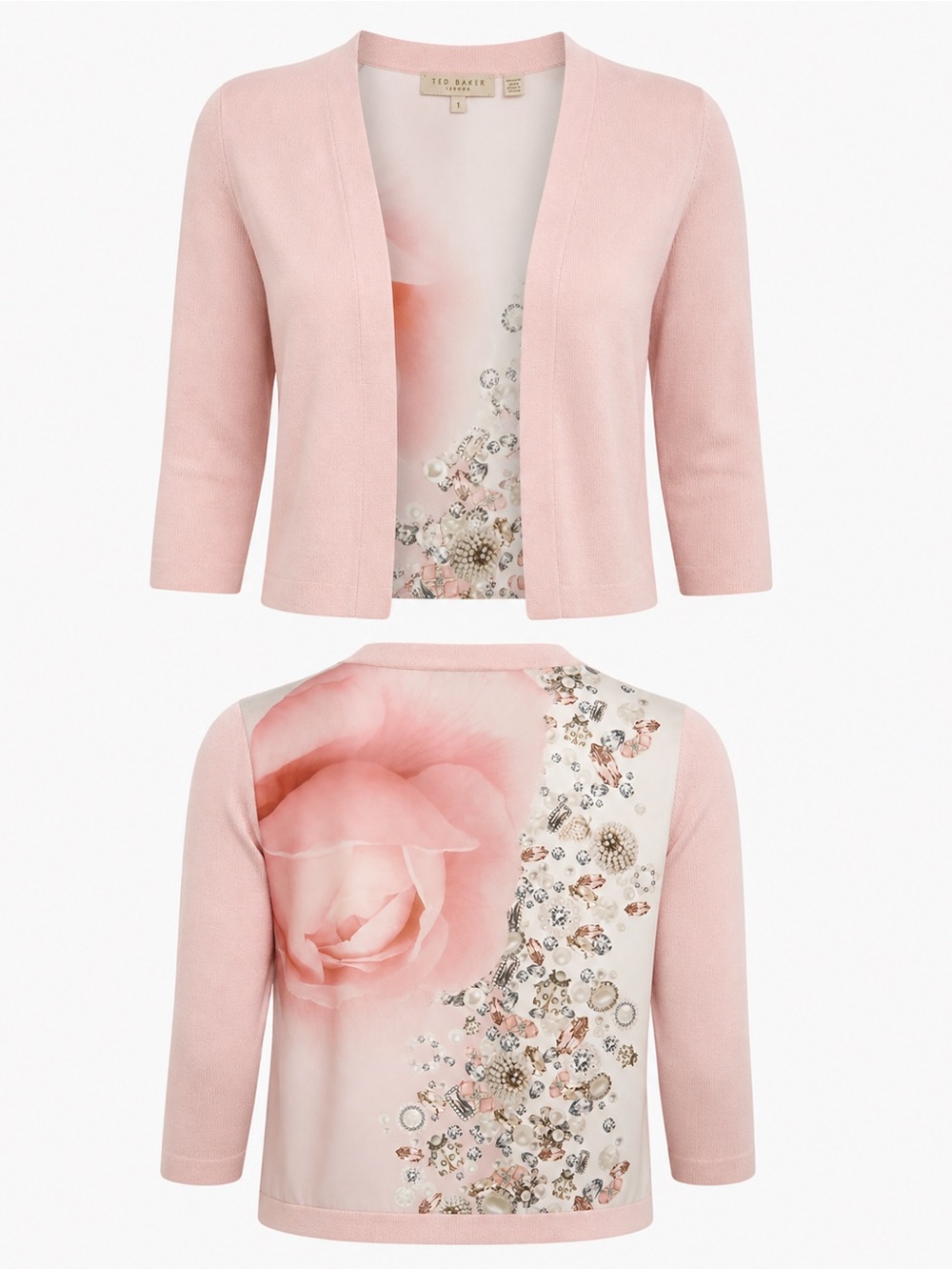 Ted Baker Pink Rose and Jewel Print Back Cardigan Size 1